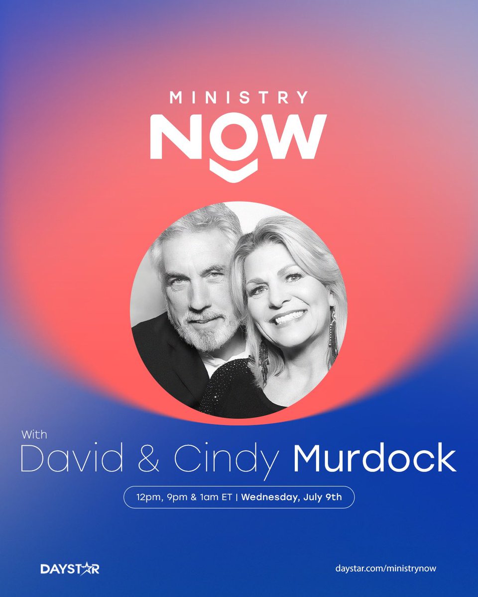 David Murdock (@davidmurdocksr) on Twitter photo We will be on <a href="/Daystar/">Daystar Television</a>’s #MinistryNow at 12pm ET this Wednesday —join <a href="/CindyMurdock/">Cindy Murdock</a> and me for an incredible conversation! If you miss it live, catch the re-airs at 9pm & 1am ET. Watch on #Daystar or stream at Daystar.com/live! We will be on <a href="/Daystar/">Daystar Television</a>’s #MinistryNow at 12pm ET this Wednesday —join <a href="/CindyMurdock/">Cindy Murdock</a> and me for an incredible conversation! If you miss it live, catch the re-airs at 9pm & 1am ET. Watch on #Daystar or stream at Daystar.com/live!