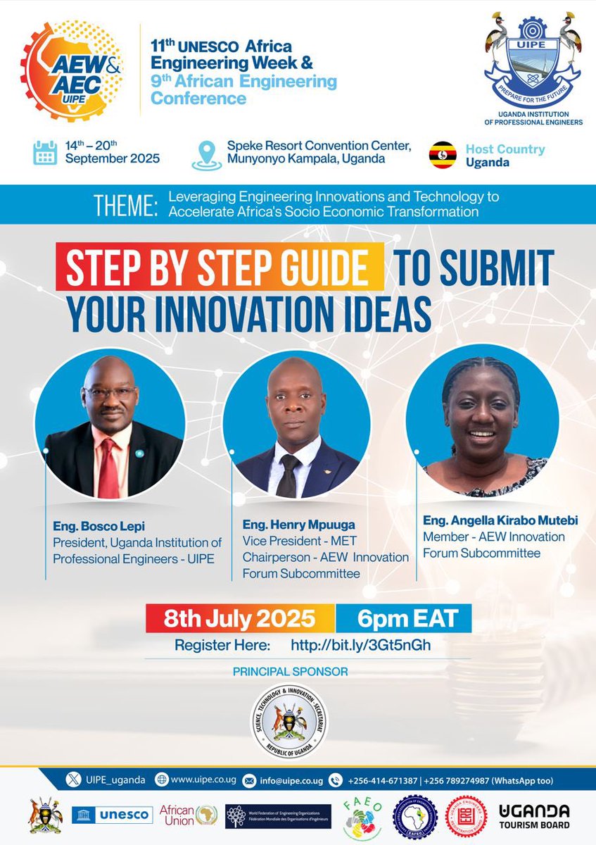 🔔 Happening Tomorrow!

Do you have an innovative idea?

Join our Step-by-Step Guide on How to Submit Your Innovation for presentation at the 11th UNESCO AEW &amp; AEC 2025

Date: Tuesday, 8th July 2025

Time: 6:00 PM (EAT), Online

Register here: bit.ly/3Gt5nGh