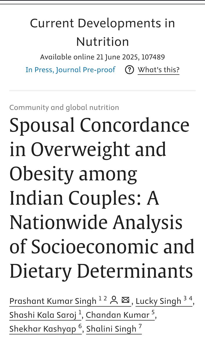 icmr_nicpr's tweet image. #NewStudy
- 27% of Indian couples are overweight/obese
- 47.6% in the richest households
- Highest in Kerala, J&amp;K, Manipur, Delhi, Goa, TN &amp; Punjab (≥42%)
- Shared wealth, diet = shared risk.
🧑🤝🧑 Family-focused obesity prevention is the way forward
Link👇🏼
sciencedirect.com/science/articl…