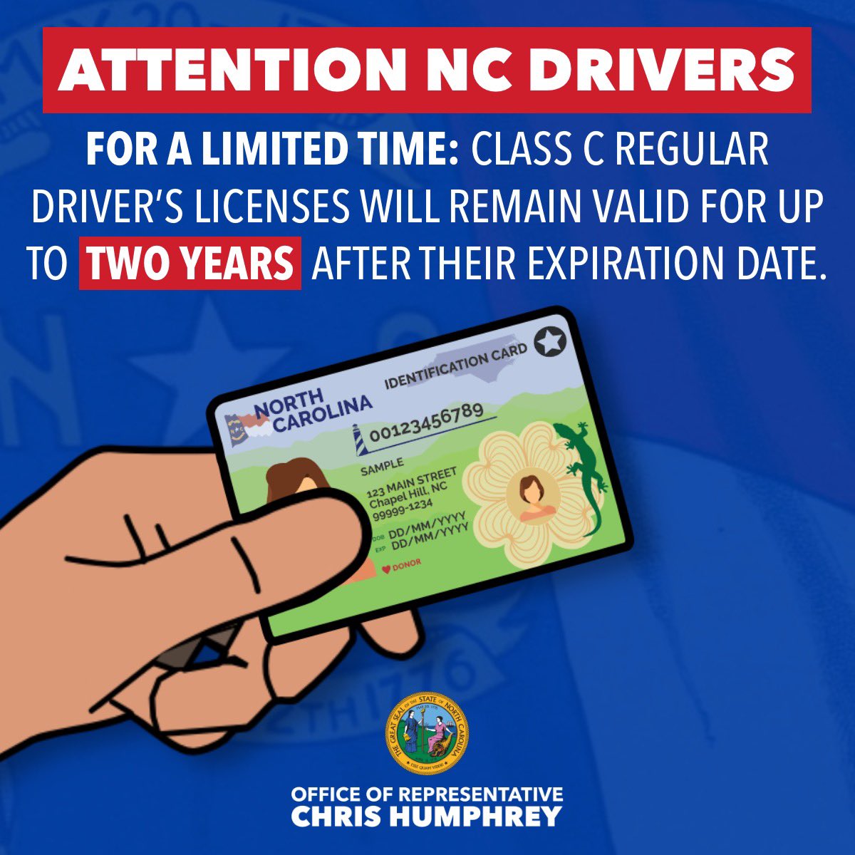 RepHumphrey's tweet photo. ATTENTION NC DRIVERS 🚨 Under SB 391 passed by the #NCGA, Class C regular driver’s licenses will stay valid for up to 2 years after expiration — so long as they aren’t suspended/revoked.

This temporary extension helps address DMV backlogs &amp; keeps folks on the road. 🚙🪪 #ncpol https://t.co/MX1pRnbEeH