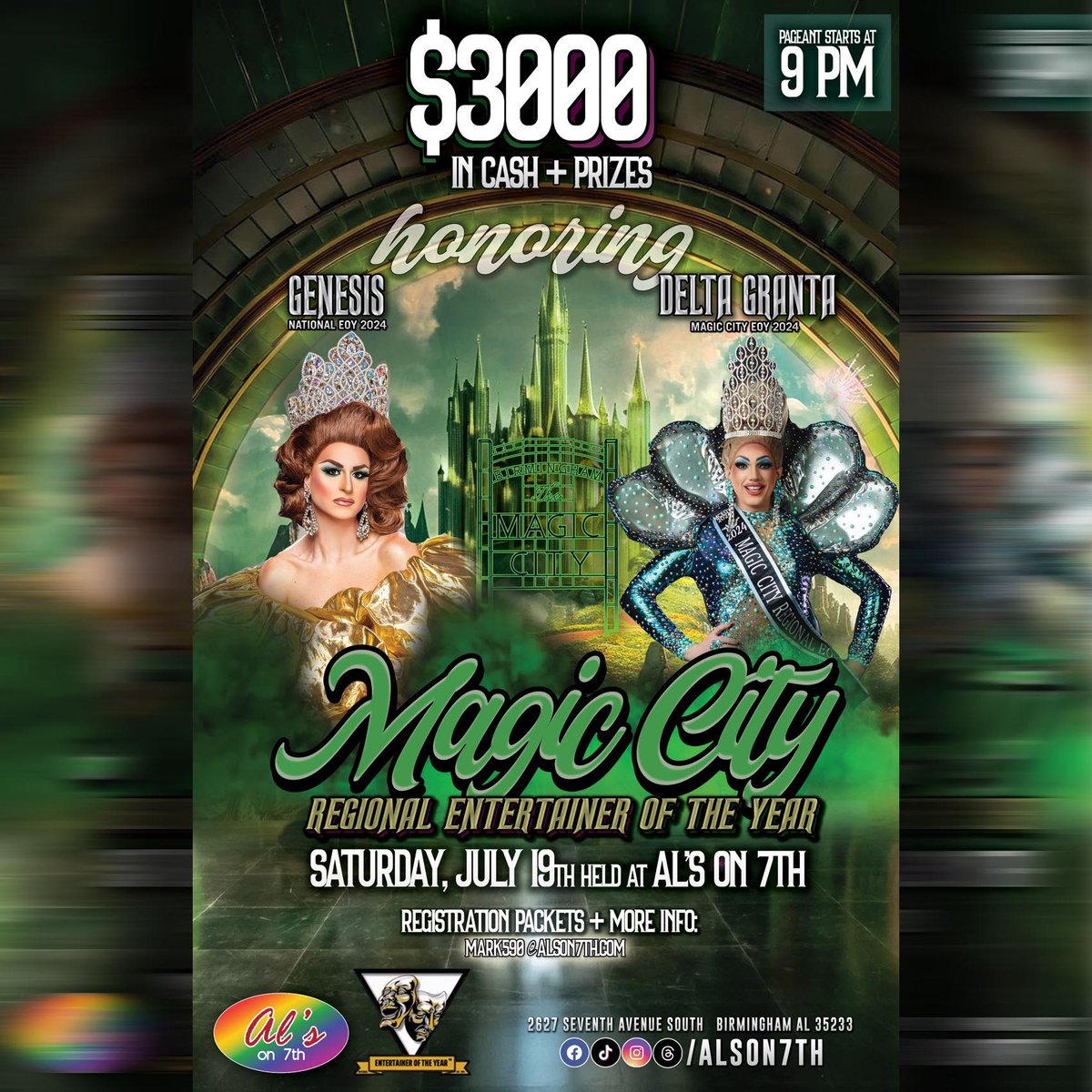 NationalEOY's tweet photo. Genesis and Delta Granta welcome you to Magic City Regional Entertainer of the Year  - our next upcoming EOY prelim on Saturday July 19th @ Al's on 7th in Birmingham, AL. We can't wait to see u there! https://t.co/15qb7umSIN