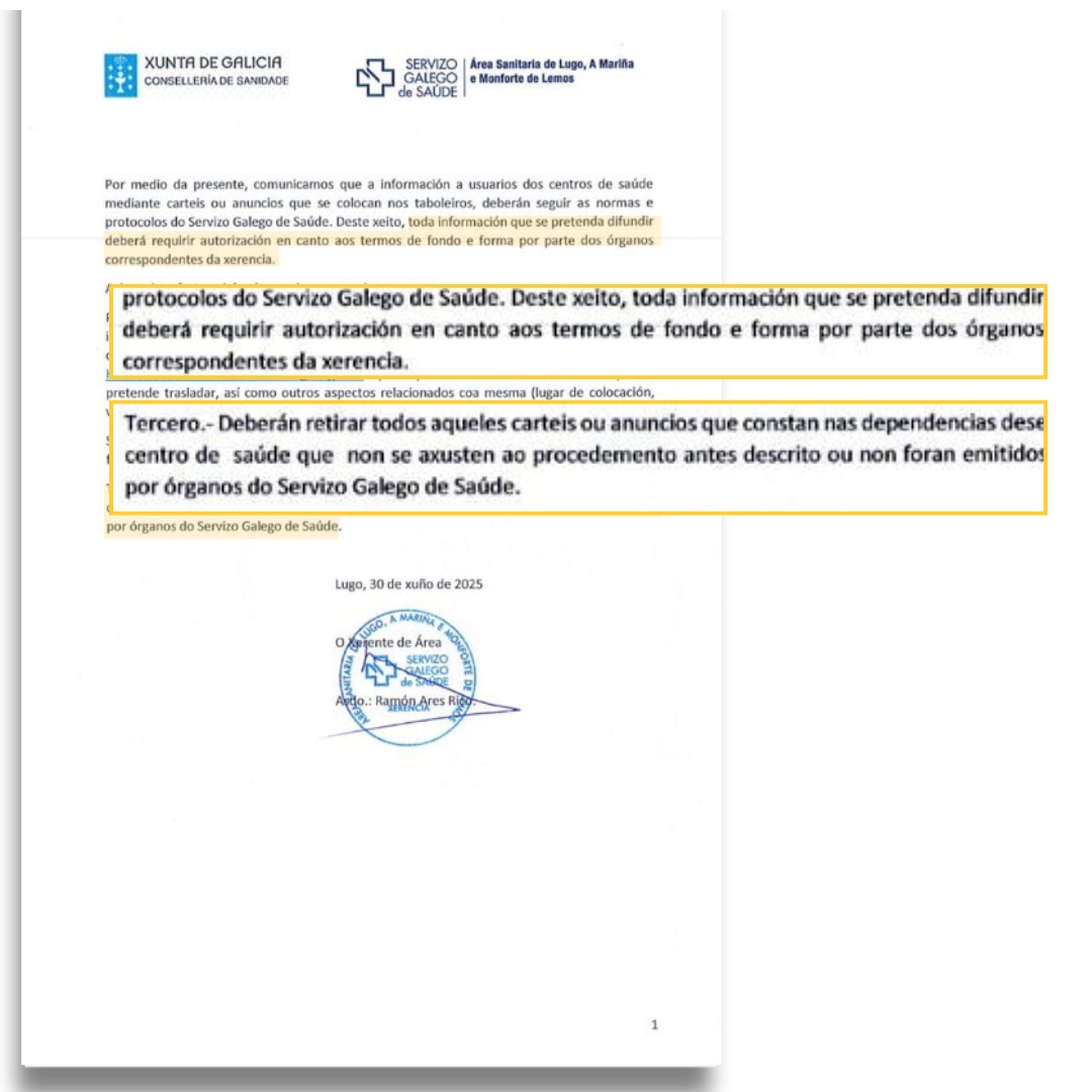 "Os carteis teñen que ver co servizo público que se presta" e non para "consignas de tipo político", di Rueda, quen afirma que os avisos sobre centros sen persoal médico como os colocados na Mariña "seguro" que son divulgados "por canles oficiais dende a Consellería"