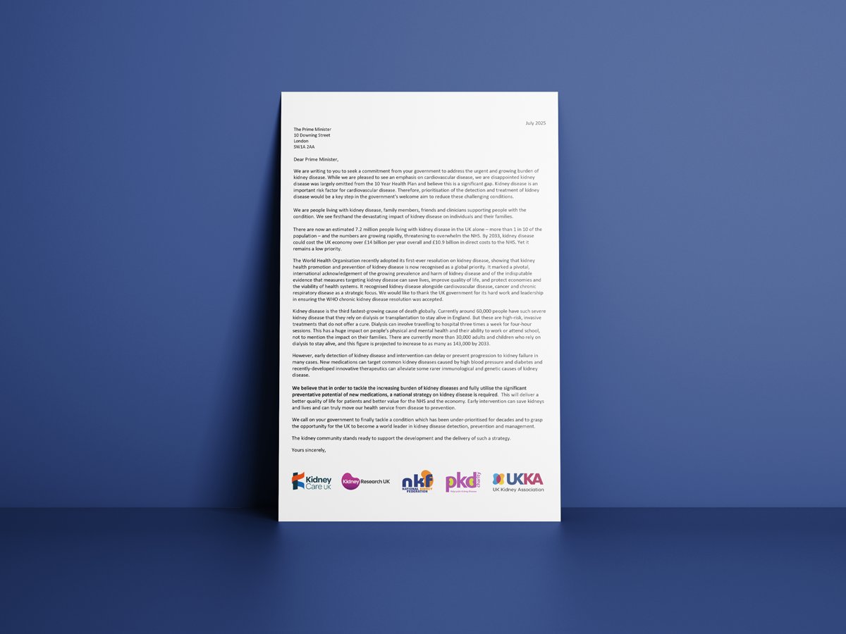 👉 Over 7 million people live with kidney disease in the UK - yet it was barely mentioned in the Government’s 10-year health plan.

We’re calling for stronger action! 🤝

Add your name to support this Open Letter to the Prime Minister: 📝 bit.ly/4nC3BDr

#KidneyHealth