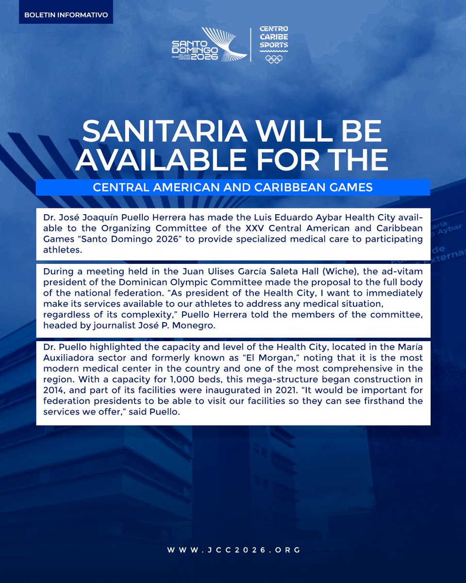 ¡Buenas noticias! 🏥 La Ciudad Sanitaria estará lista para cuidar a nuestros atletas en #SantoDomingo2026. Moderna, equipada y 100% preparada. 🙌🏼

📲 Lee esto y más en el boletín de la semana: jcc2026.org

Health City will be ready to support our athletes!