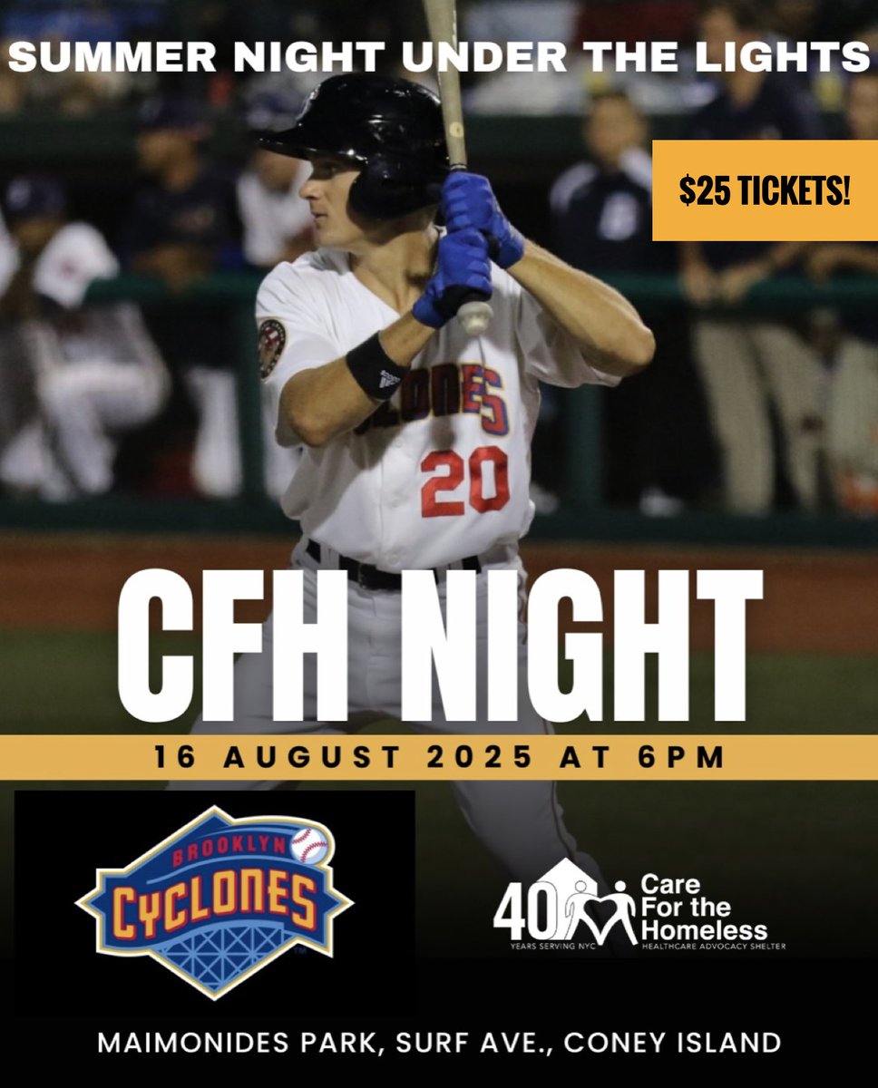 CFHNYC's tweet image. Special Event! Join us for a night of summertime magic on August 16th, as we team up with the @BKCyclones to recognize CFH’s 40 years of service to NYC.
Visit careforthehomeless.org to make a donation.