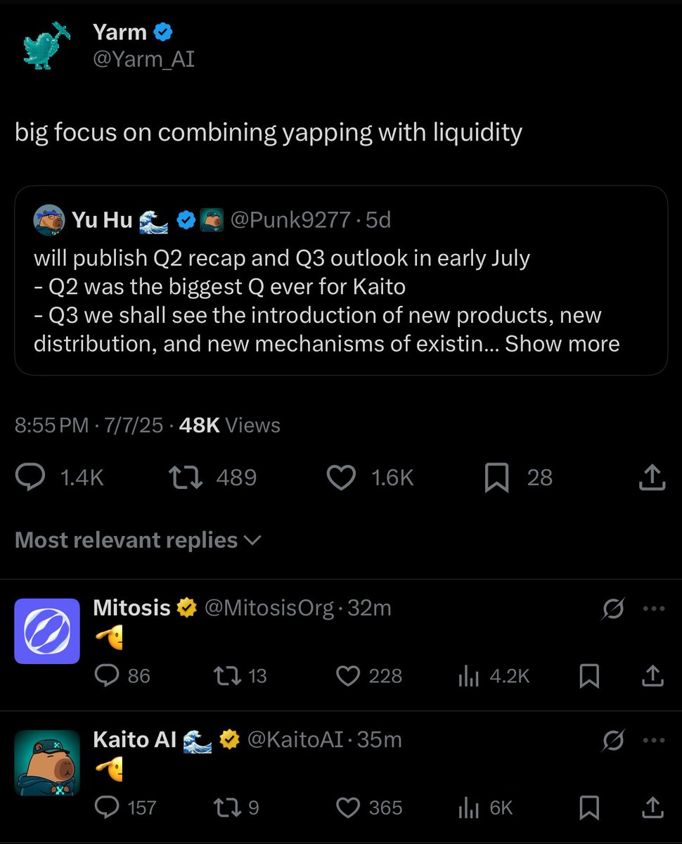 π Altcoin Gems π (@altgemhunter) on Twitter photo ALPHA ALERT π
Something big is cooking on <a href="/KaitoAI/">Kaito AI π</a>. Itβs called <a href="/Yarm_AI/">Yarm</a>.
Yarm is not a spam yap to earn project . This one brings yapping and liquidity together.
<a href="/KaitoAI/">Kaito AI π</a> follows YAAR
<a href="/MitosisOrg/">Mitosis</a> hinted YAAR.
If you missed Loudio, this might be your second shot.
This is not ALPHA ALERT π
Something big is cooking on <a href="/KaitoAI/">Kaito AI π</a>. Itβs called <a href="/Yarm_AI/">Yarm</a>.
Yarm is not a spam yap to earn project . This one brings yapping and liquidity together.
<a href="/KaitoAI/">Kaito AI π</a> follows YAAR
<a href="/MitosisOrg/">Mitosis</a> hinted YAAR.
If you missed Loudio, this might be your second shot.
This is not