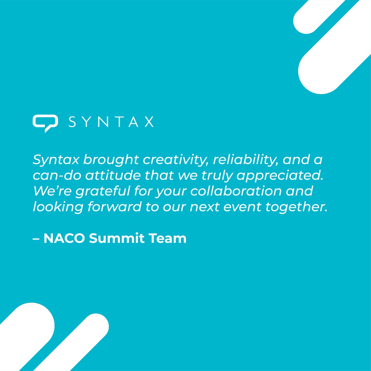 SyntaxStrategic's tweet image. #TeamSyntax was proud to support @NACOCanada’s #NACOSummit2025, bringing leaders and innovators together to shape the future.
NACO gave a thoughtful shoutout to our event experts for their incredible work!
syntaxstrategic.ca/our-services/e…