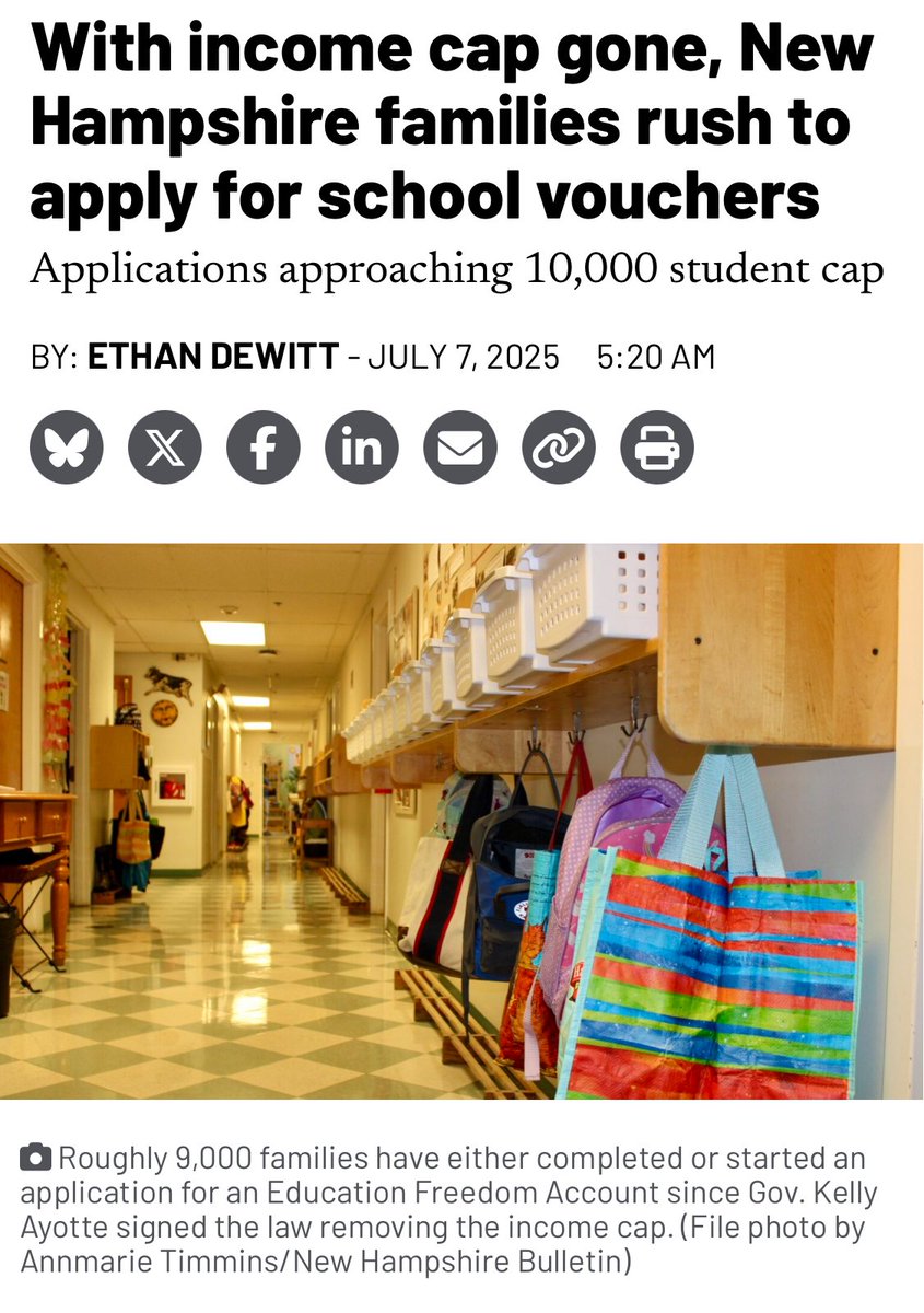 NHHouseDems's tweet image. One week in - “universal” school vouchers already $7,500,000 over budget.
@NHGOP deliberately underestimated the number of wealthy families that would apply for vouchers to hide the true cost, and taxpayers are already paying the price. #NHPolitics