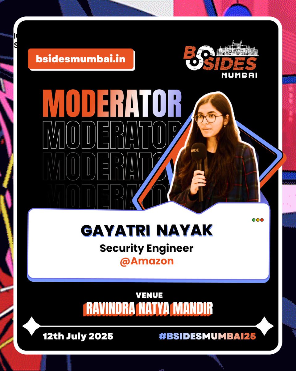 Excited to have Gayatri Nayak, Security Engineer @ Amazon Pay, moderating at #BSidesMumbai2025! 🔐🎤
A powerhouse in the cyber community—speaker, organizer, and industry driver.
📅 12 July | 📍 Dadar, Mumbai
🔗 bsidesmumbai.in
#CyberSecurity #infosec #bsidesmumbai25