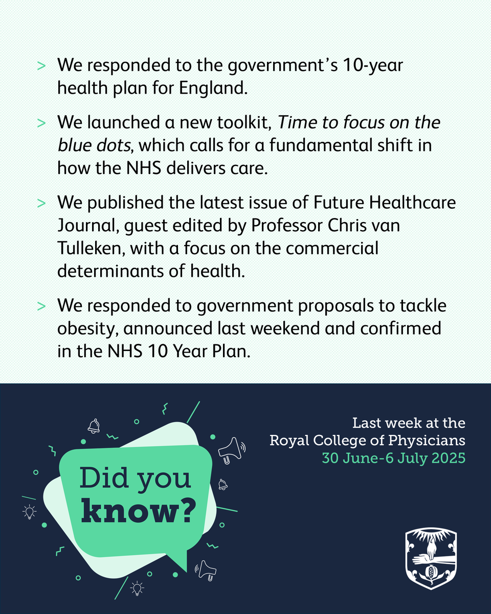Did you know last week at the RCP...

🩺 we responded to the 10-year health plan for England
💊 we launched a new toolkit ‘Time to focus on the blue dot’
📖 we published the latest issue of the <a href="/FutureHealthJ/">FHJ</a>, with guest editor Prof <a href="/DoctorChrisVT/">Chris van Tulleken 🏳️‍🌈</a>
🚑 we responded to proposals