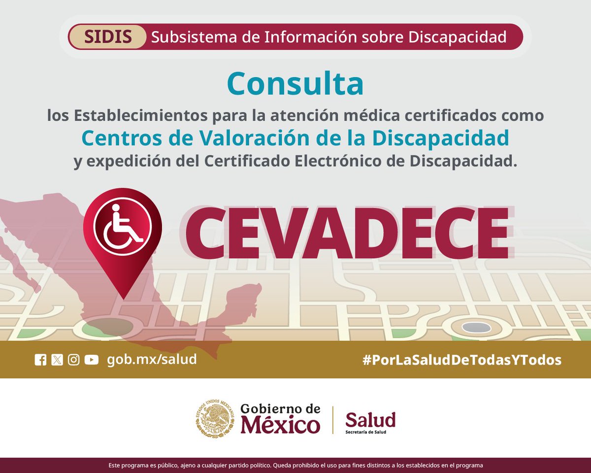 salud_dgis's tweet photo. ¿Sabes dónde se encuentran los Centro de Valoración de la Discapacidad y expedición del Certificado Electrónico de Discapacidad CEVADECE?
Consulta aquí: https://t.co/wjLRjfJZCn
#CEVADECE
#CEDis #Discapacidad #Certificiado https://t.co/O44JeTT9CU
