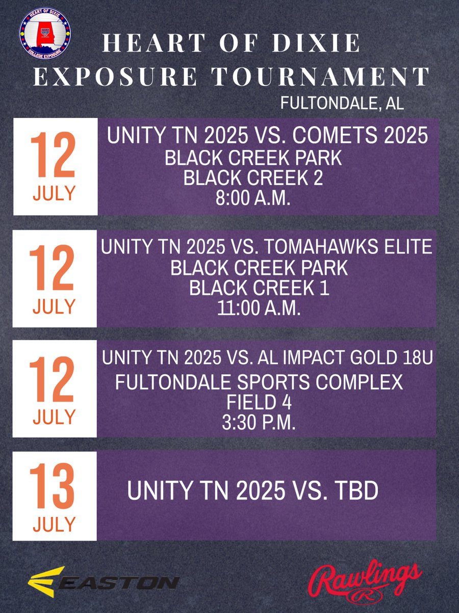 TaylorRiley2028's tweet image. Unity TN 2025 Heart of Dixie Exposure schedule is out! Looks like we will be in Fultondale & Black Creek Park all weekend 🎉🥎
@UAH_SB @GstateSB @jsccsoftball1 @MCCEaglesSB @MotlowBucksSB @UNASoftball @GoMocsSB @UTSSoftball @VSCCPioneersSB @LipscombSB @HCHawksSoftball…