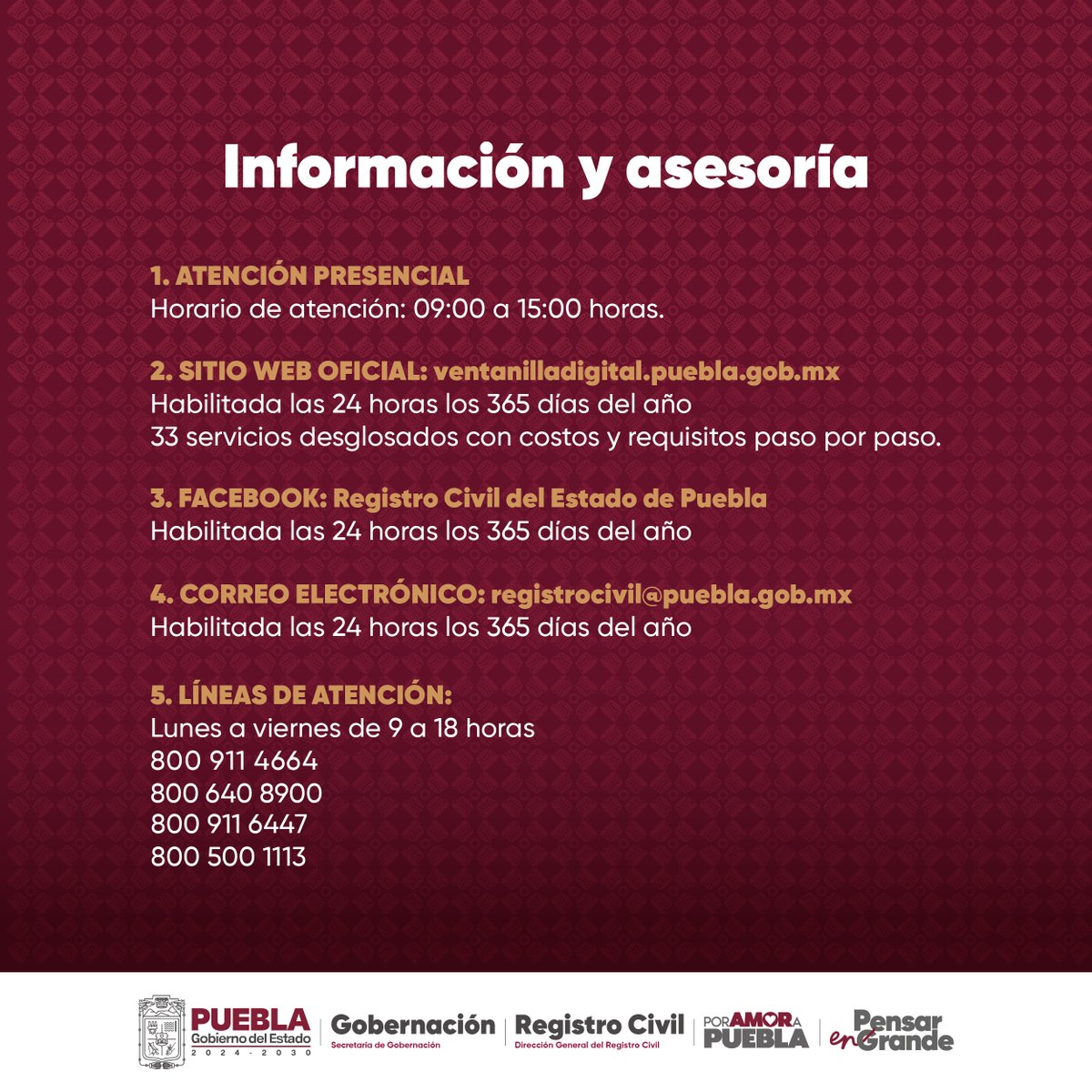SEGOB Puebla (@segob_puebla) on Twitter photo #PorAmorAPuebla | El <a href="/Gob_Puebla/">Gobierno de Puebla</a> a través del <a href="/RCivilPuebla/">Registro Civil del Estado de Puebla</a> pone a tu disposición los siguientes medios para solicitar información y asesoría del trámite que debes realizar.📄✅
#PensarEnGrande #PorAmorAPuebla | El <a href="/Gob_Puebla/">Gobierno de Puebla</a> a través del <a href="/RCivilPuebla/">Registro Civil del Estado de Puebla</a> pone a tu disposición los siguientes medios para solicitar información y asesoría del trámite que debes realizar.📄✅
#PensarEnGrande