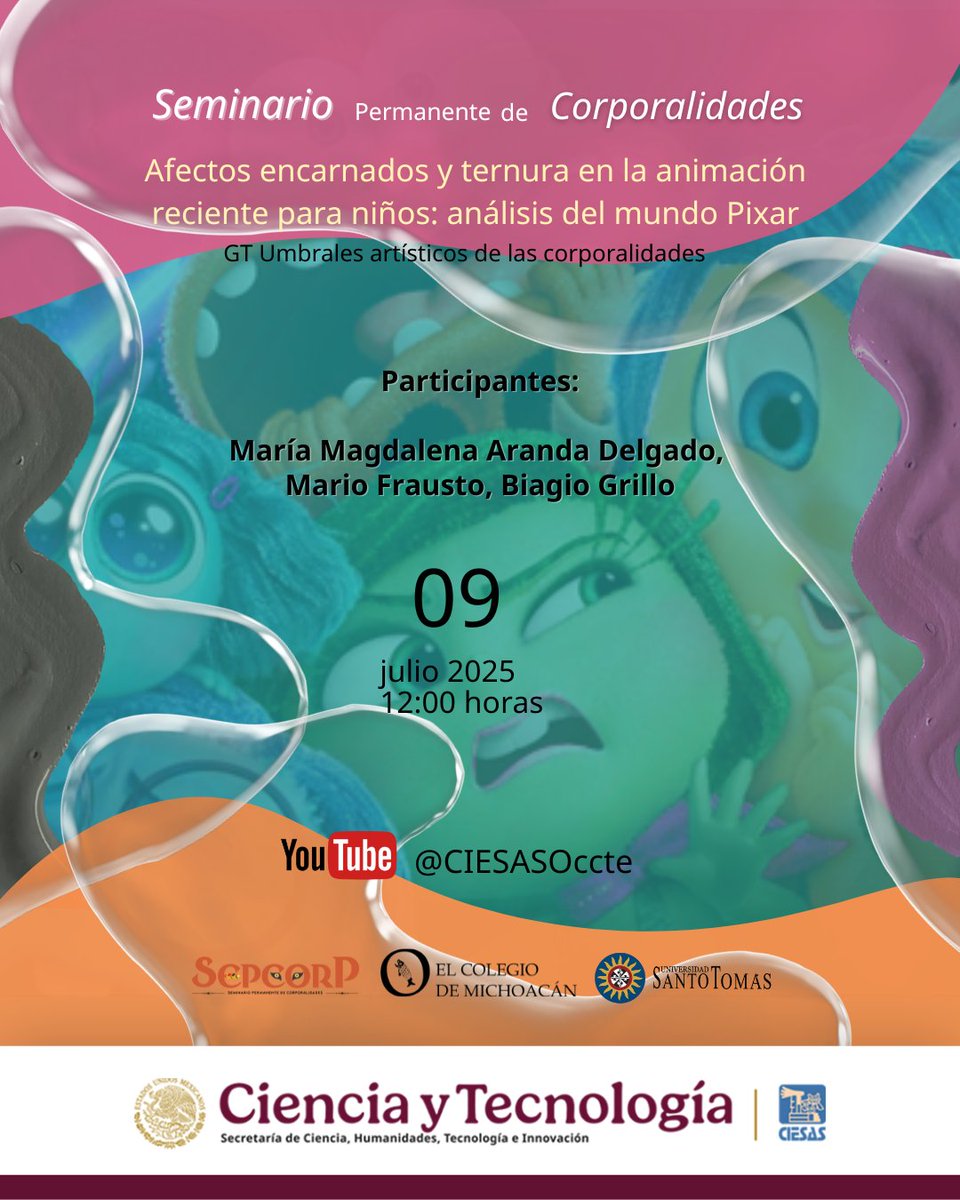 En esta ocasión se hablará de Afectos encarnadas y ternuras en la animación reciente para niños: análisis del mundo Pixar. Miércoles 9 de julio a las 12:00 horas por YouTube youtube.com/live/Ko6eT0guu…