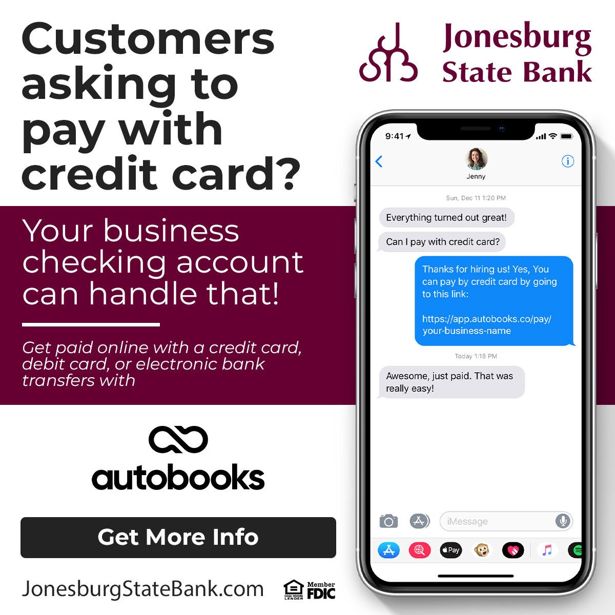 Seamless card payments, happy customers! ✨ With your Jonesburg State Bank business checking account and Autobooks, accepting card payments is simple and secure.

Learn more: bit.ly/3wRw6aP