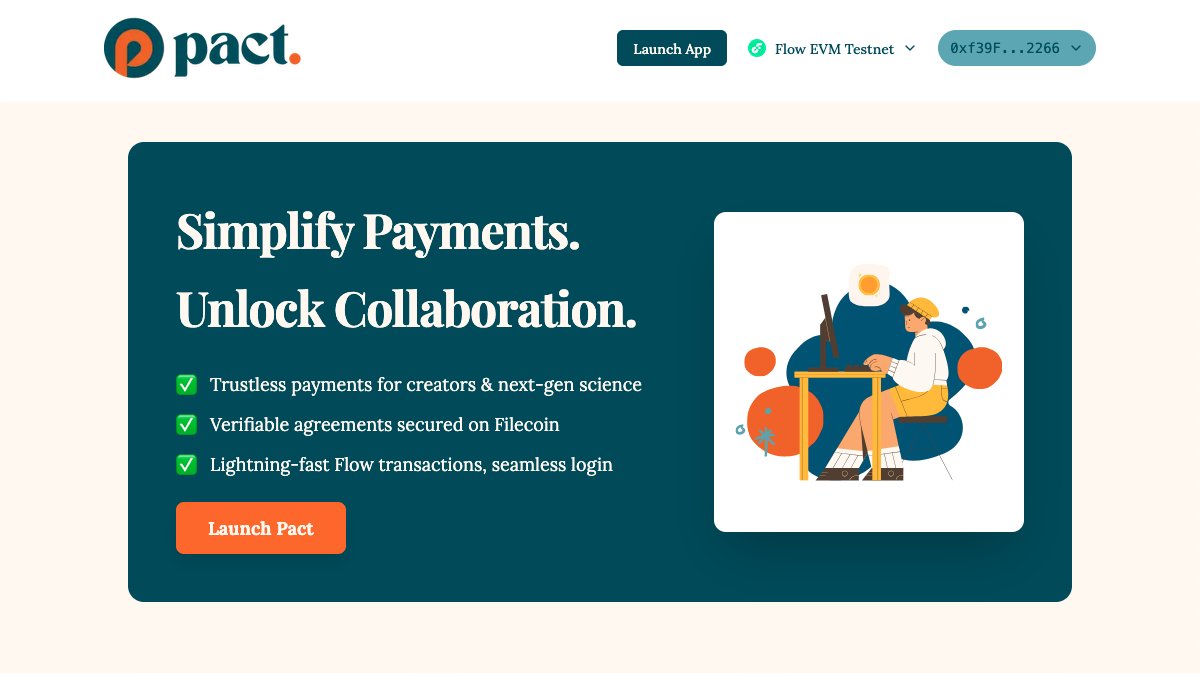 Introducing Pact - the payments layer for the onchain  economy 🤝

Built on <a href="/flow_blockchain/">Flow.com</a> and <a href="/Filecoin/">Filecoin</a>, it's my submission for the <a href="/PL__Genesis/">PL_Genesis: Modular Worlds</a> hackathon.

No more vague promises. Just trustless, programmable payments. 

Demo &amp; Link Below 👇