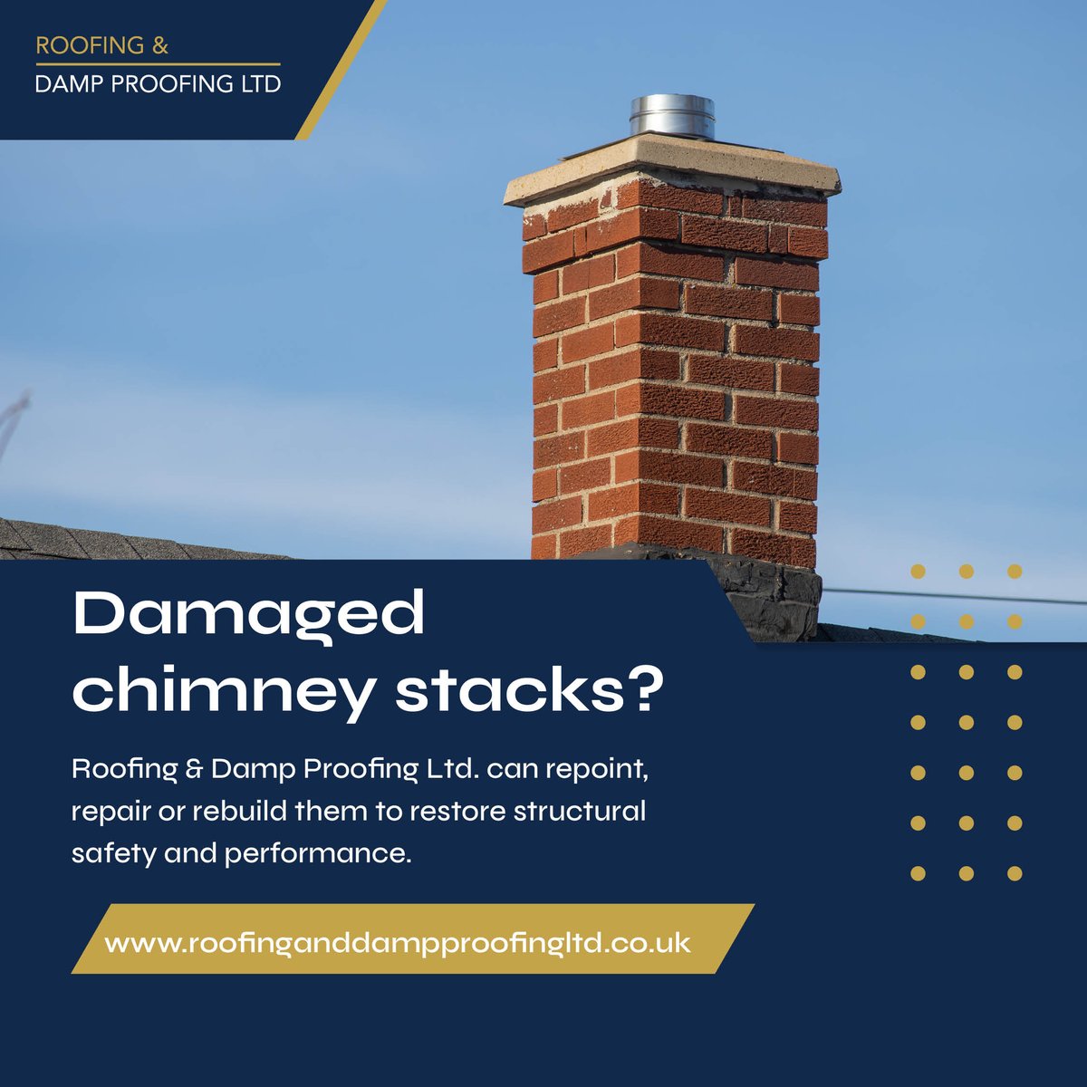 RoofDampProof's tweet image. 🧱 Damaged chimney stacks? 

Roofing &amp;amp; Damp Proofing Ltd. can repoint, repair or rebuild them to restore structural safety and performance.

Enquire today: roofinganddampproofingltd.co.uk

#ChimneyRepairs #SafeHomes #RoofingAndDamp