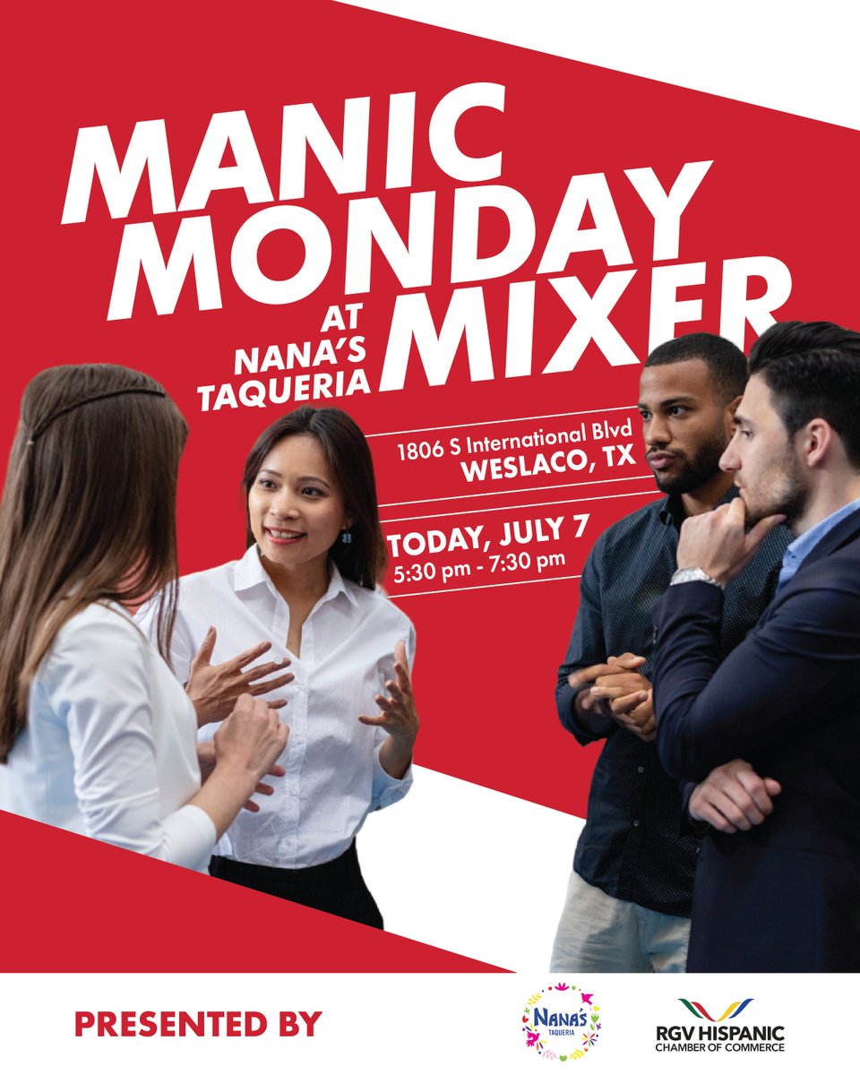RGVHCC's tweet image. 🔥 TONIGHT: Manic Monday Mixer at Nana’s Taqueria! 🔥

Join the RGV Hispanic Chamber for food, networking, and fun in Weslaco!

🕠 5:30-7:30 PM
📍 1806 S International Blvd

🎉  RSVP: business.rgvhcc.org/events/details…

#RGVHCC #ManicMondayMixer #RGVEvents #Weslaco #NetworkingNight