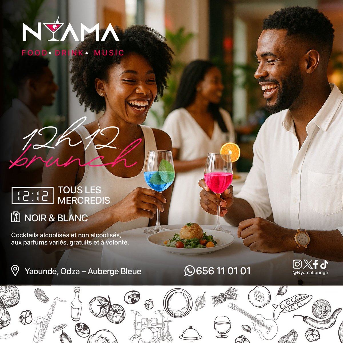 Le rendez-vous du mercredi 🔥
🕛 12h12 Brunch au NYAMA
🥂 Cocktails gratuits à volonté
👕 Dress code : Noir &amp; Blanc
📍 Odza, Auberge Bleue – Yaoundé
📞 656110101

#12h12Brunch #Nyama #Yaoundé #VivezPleinement #NoirEtBlanc