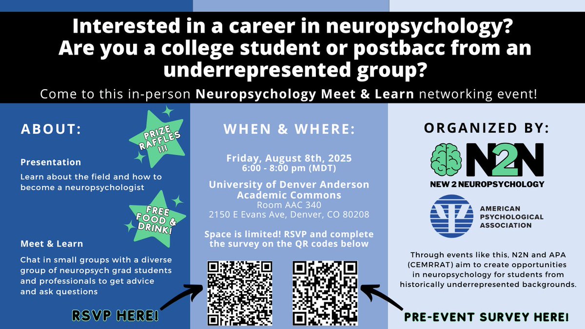 New2Neuropsych's tweet image. 🚨 Interested in neuropsych &amp;amp; from an underrepresented background?

Join us in person on 8/8 at our Meet &amp;amp; Learn during @APA in Denver! 🏔️

🥪 Free food | 🎁 Raffles | 🗣️ Networking

Space is limited so by 8/5 ⬇️
RSVP → tinyurl.com/RSVP-APA25
Survey → tinyurl.com/PES-APA25
