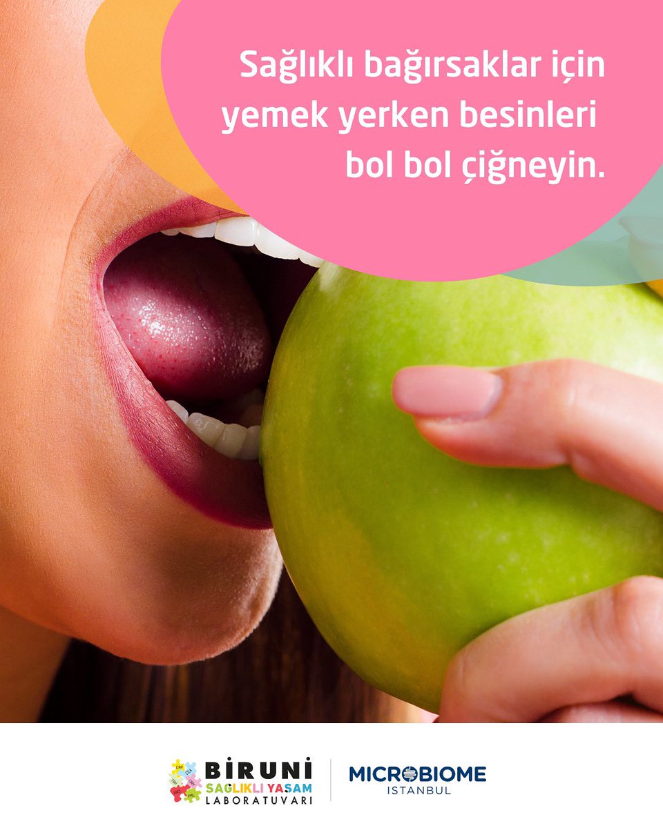 Besinlerin sindirimi ağızda başlar. Besinleri 35-40 kez çiğneme ile tükürükteki sindirim enzimleri ancak devreye girer. Az çiğnemek ve mide sindirimini bozan anti-asit ilaçların sürekli kullanımı bağırsak sağlığını olumsuz yönde etkiler.

<a href="/birunilab/">Biruni Laboratuvarı</a> #microbiomeistanbul