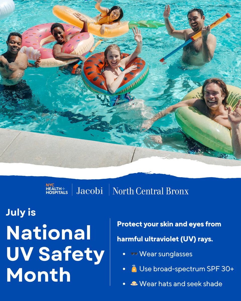 JacobiHosp's tweet image. ☀️ July is National UV Safety Month!
Protect your skin and eyes from harmful UV rays:
🧴 Wear SPF 30+
🕶️ Use sunglasses
👒 Stay in the shade
Your skin matters—protect it every day!
#UVSafetyMonth #SkinHealth #BronxWellness #JacobiNCB