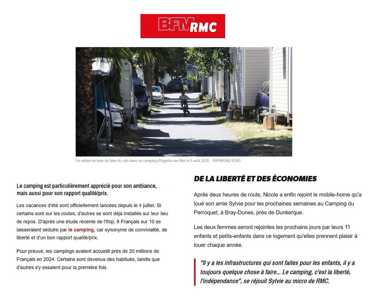 Comme le souligne <a href="/BFMTV/">BFMTV</a> <a href="/RMCInfo/">RMC</a>, le #camping est le choix préféré des Français 🇫🇷 pour les vacances d’été ! 🏕️
Selon une étude <a href="/IfopOpinion/">Ifop Opinion</a> récente, le camping reste une valeur sûre pour les Français, pour des vacances chaleureuses et accessibles 
#qualiteprix #VacancesEnFrance