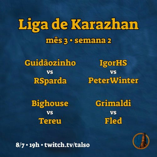 Talso (@talso) on Twitter photo Tudo pronto pra Liga de amanhã!
Vai ser o puro suco do caos porque a nova coleção do Hearthstone lança no mesmo dia. Boa sorte a todos!
<a href="/Rsparda666/">Raphael Sparda</a> x Guidãozinho
<a href="/IgorHS01/">IgorHS'</a> x <a href="/PeterrWinterTtv/">Peterr</a>
<a href="/Bighouse_hs/">Thiago Casagrande</a> x <a href="/tereuzera/">Heitor Souza Angi</a>
<a href="/GrimaPlay/">Grimaldi</a> x <a href="/FledHS/">Davi Garcia</a>
E sim, teremos sorteios! 🤓 Tudo pronto pra Liga de amanhã!
Vai ser o puro suco do caos porque a nova coleção do Hearthstone lança no mesmo dia. Boa sorte a todos!
<a href="/Rsparda666/">Raphael Sparda</a> x Guidãozinho
<a href="/IgorHS01/">IgorHS'</a> x <a href="/PeterrWinterTtv/">Peterr</a>
<a href="/Bighouse_hs/">Thiago Casagrande</a> x <a href="/tereuzera/">Heitor Souza Angi</a>
<a href="/GrimaPlay/">Grimaldi</a> x <a href="/FledHS/">Davi Garcia</a>
E sim, teremos sorteios! 🤓