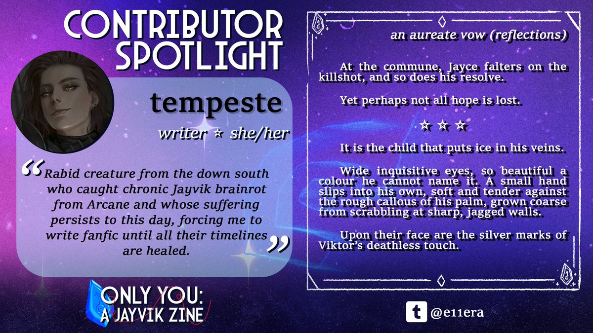 onlyyoujayvik's tweet image. ⚙️ CONTRIBUTOR SPOTLIGHT ⚙️
Say hello to Tempeste, one of our writers!
A decadent wordscape sure to paint the most vivid of images in your mind, Tempeste truly shares her image through written word.
