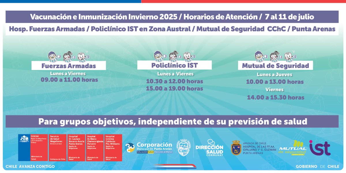 ✅Iniciamos esta semana compartiendo con ustedes el calendario de vacunación de los diversos puntos de inoculación de la región como hospitales , Cesfams, Cecosf y vacunatorios privados en convenio. 
✅Aún estás a tiempo de vacunarte y protegerte #MagallanesSeVacuna