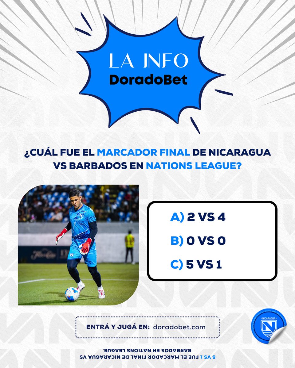 💡 𝗟𝗮 𝗜𝗻𝗳𝗼 DoradoBet Nicaragua💡

Recordás el marcador final de Nicaragua 🆚 Barbados de noviembre del 2023? 🔍 

👇🏼 DEJÁ tu respuesta en comentarios
