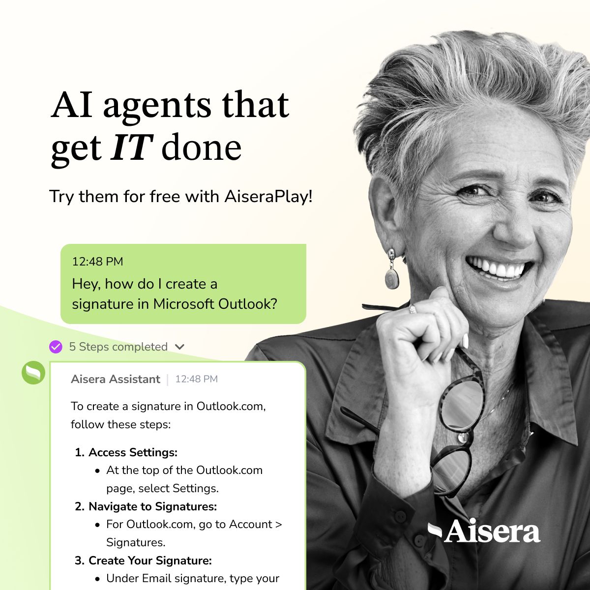 Getting support for IT questions shouldn’t be a full-time job. 😵💫

With Aisera AI Agents, it's effortless - just ask, and it’s done. No long waits, no extra steps, just fast answers, anytime you need them. ⚡

Try AiseraPlay to explore more use cases👇

buff.ly/JgUmiQz