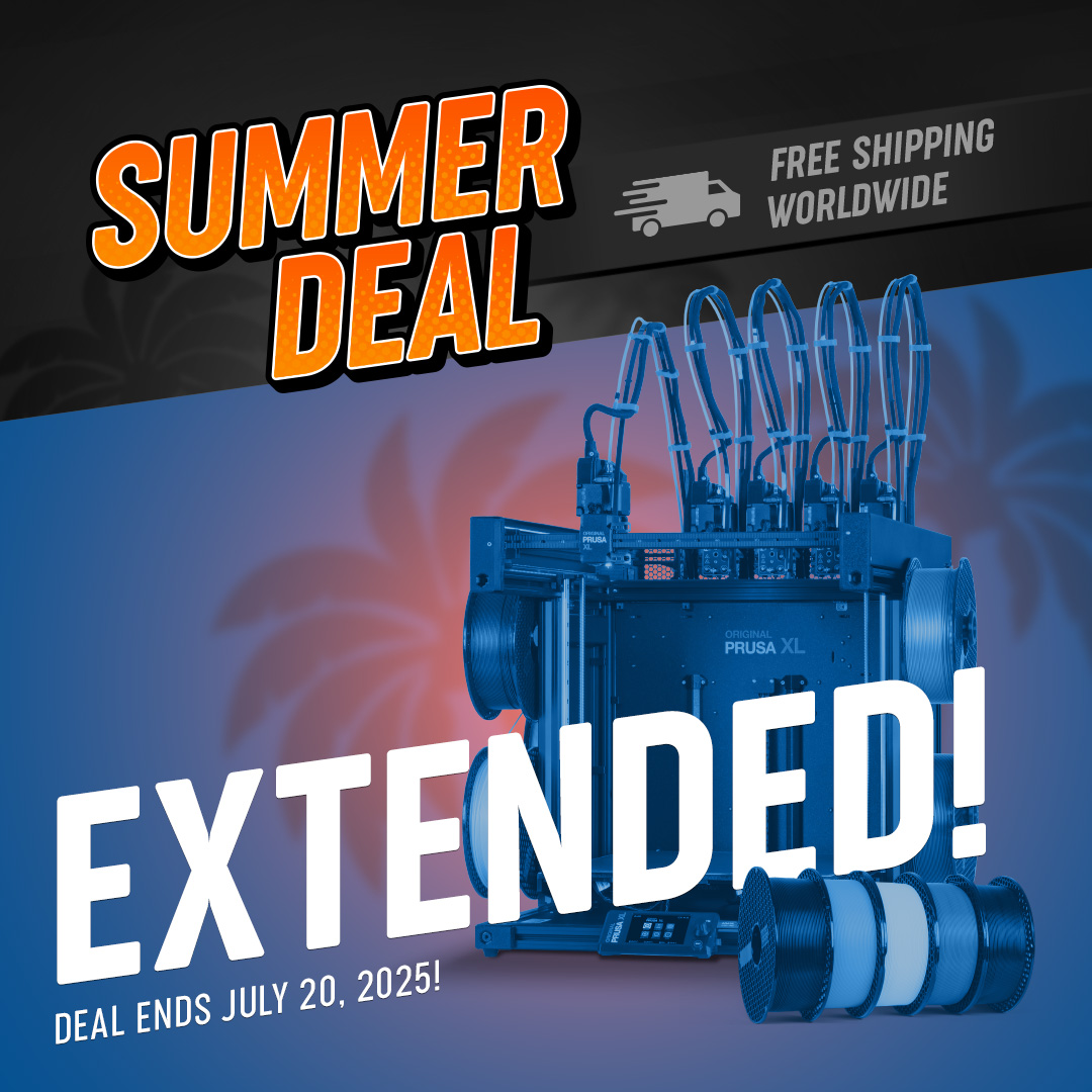 Prusa3D's tweet image. We bring you a great news! ☀️ We’ve extended the XL Summer Deal to July 20! This means you have 12 extra days to get the Original Prusa XL (2 or 5 tool heads) with free worldwide shipping and bonus Prusament. ✨ prusa3d.com/product/origin…