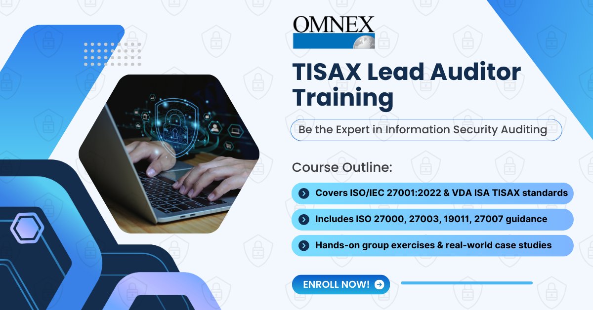 TISAX® Lead Auditor Training
Master Information Security Auditing with Confidence!
Certificate: Omnex-Accredited Lead Auditor Certification
Stay ahead in automotive cybersecurity — Train with the global experts!
Register Here: hubs.li/Q03w0kpQ0

#TISAX #VDAISA #ISO #Omnex