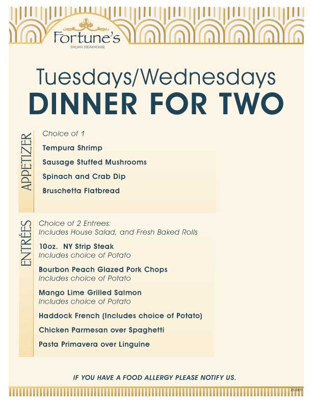 #NEW "All In" Hotel Deal! 🍽️🏨 Available Tuesdays &amp; Wednesdays in July!

Book &amp; enjoy $90 Free Play per person (for two), a dinner for two inside Fortune's Italian Steakhouse, and access to our highly-rated breakfast buffet in the morning!

Book here: bit.ly/3TmO906 or