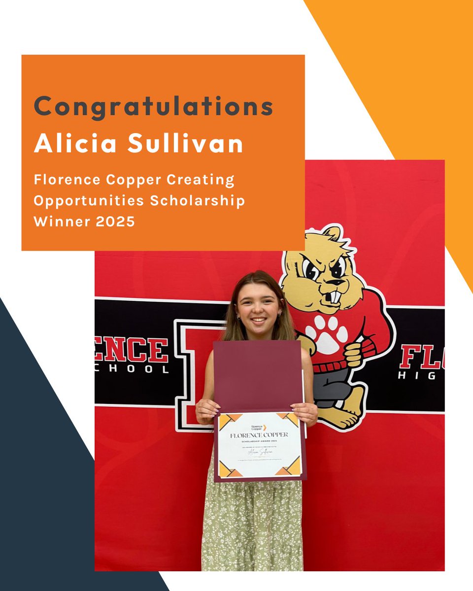 Congratulations to Alicia Sullivan, winner of a 2025 Florence Copper Creating Opportunities Scholarship! A graduate of Florence High School, Alicia will attend Grand Canyon University to study nursing. 

#scholarship #copper <a href="/TasekoMines/">Taseko</a>
