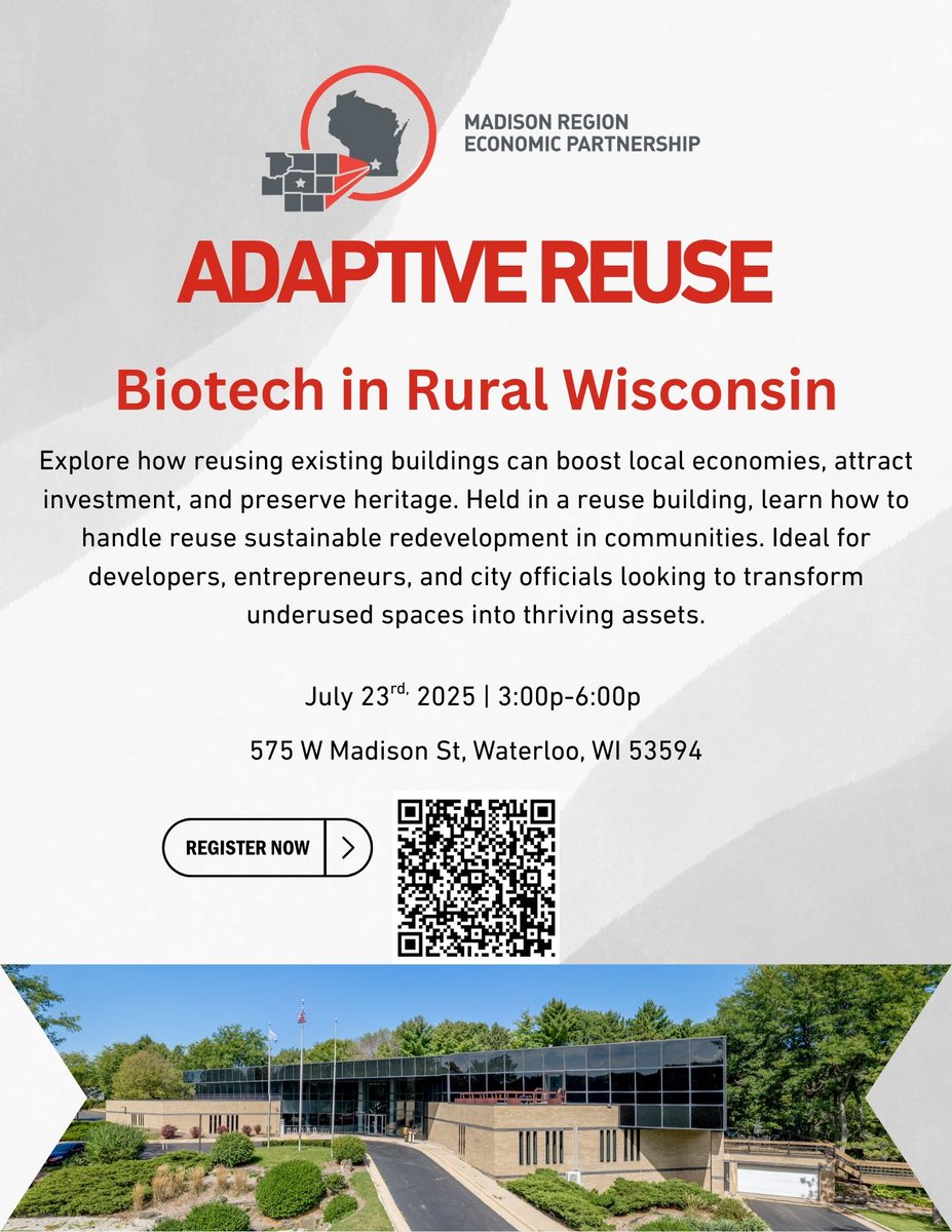 ⏳ Roughly 2 Weeks Out 

Discover how #adaptivereuse is creating #biotech opportunities in rural Wisconsin. 

🗓️ July 23rd | 3–6 PM
📍 575 W Madison St, #WaterlooWI
🚀 Reserve your spot now — space is limited!