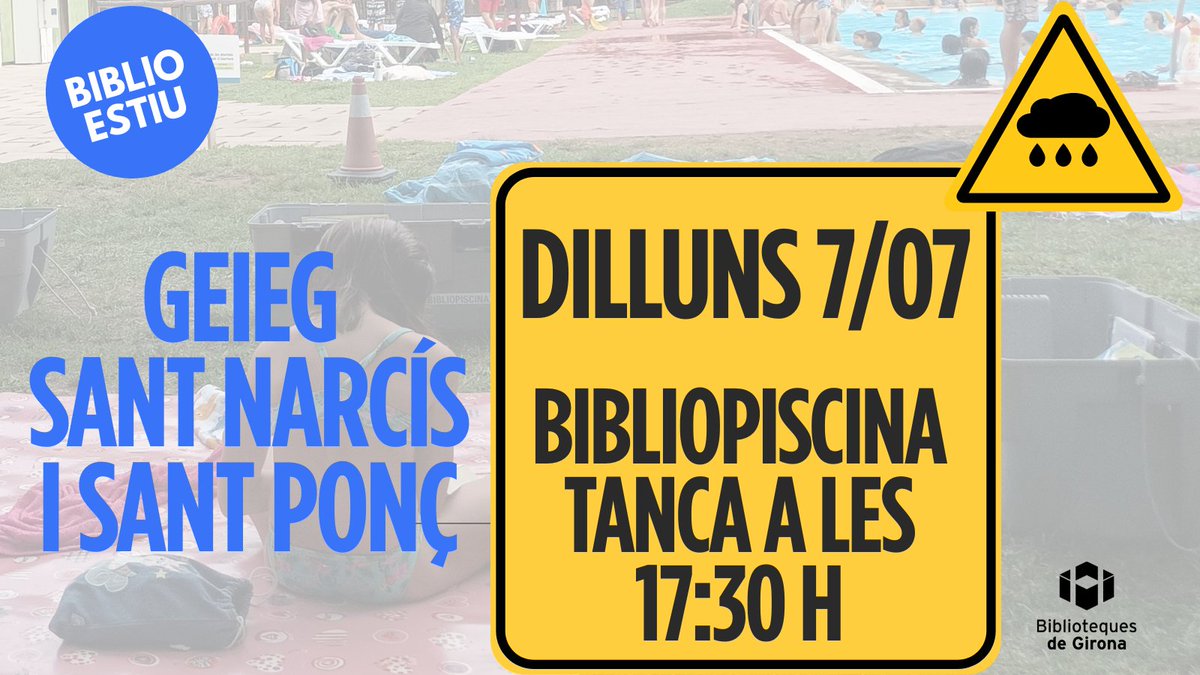 Avui la #Bibliopiscina del Geieg de Sant Narcís i la de Sant Ponç han tancat a les 17:30 h per mal temps. Disculpeu les molèsties.
<a href="/geieg1919/">GEiEG</a>
