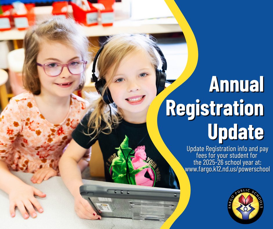 Returning families must complete a quick update to their student registration information. The update, along with any lunch account and fee payments, must be completed through PowerSchool before school begins each fall. Click here to complete update: fargo.ps.state.nd.us/public/home.ht…