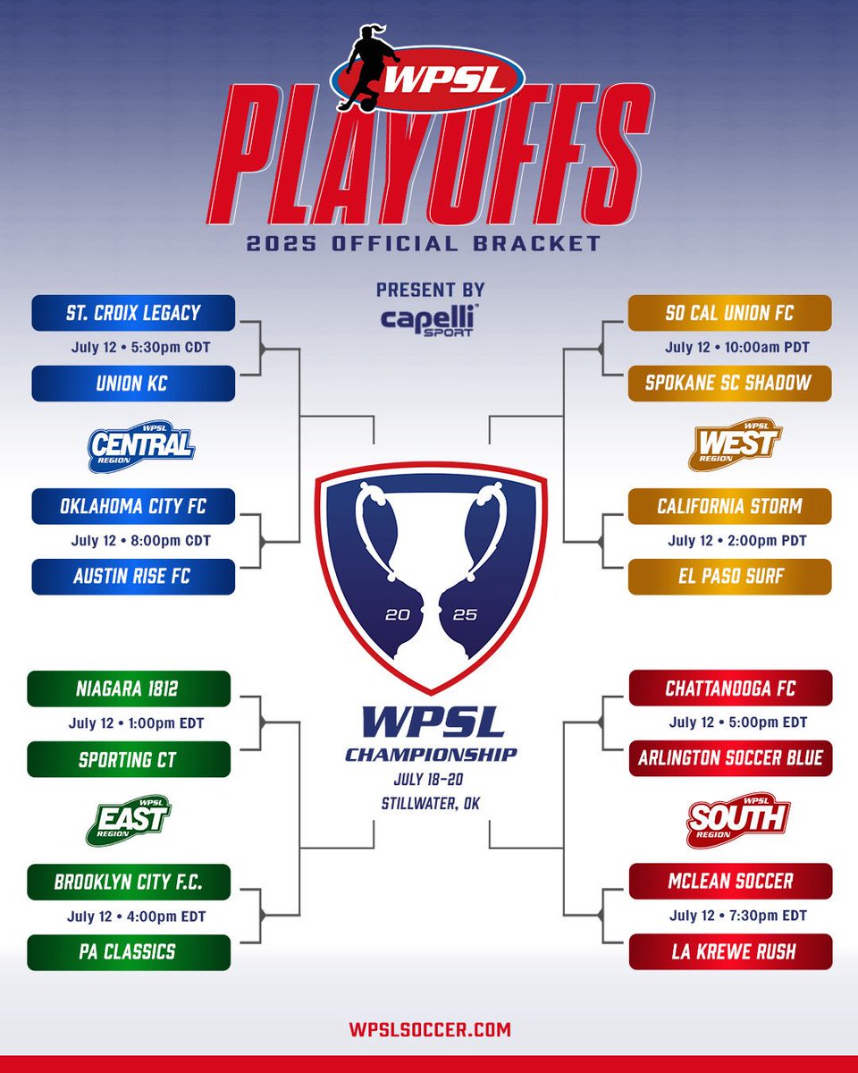The 2025 𝗪𝗣𝗦𝗟 𝗣𝗹𝗮𝘆𝗼𝗳𝗳𝘀 Bracket is 🔒 16 teams set this weekend looking to claim their region crown and punch a ticket to Stillwater #WPSLPlayoffs