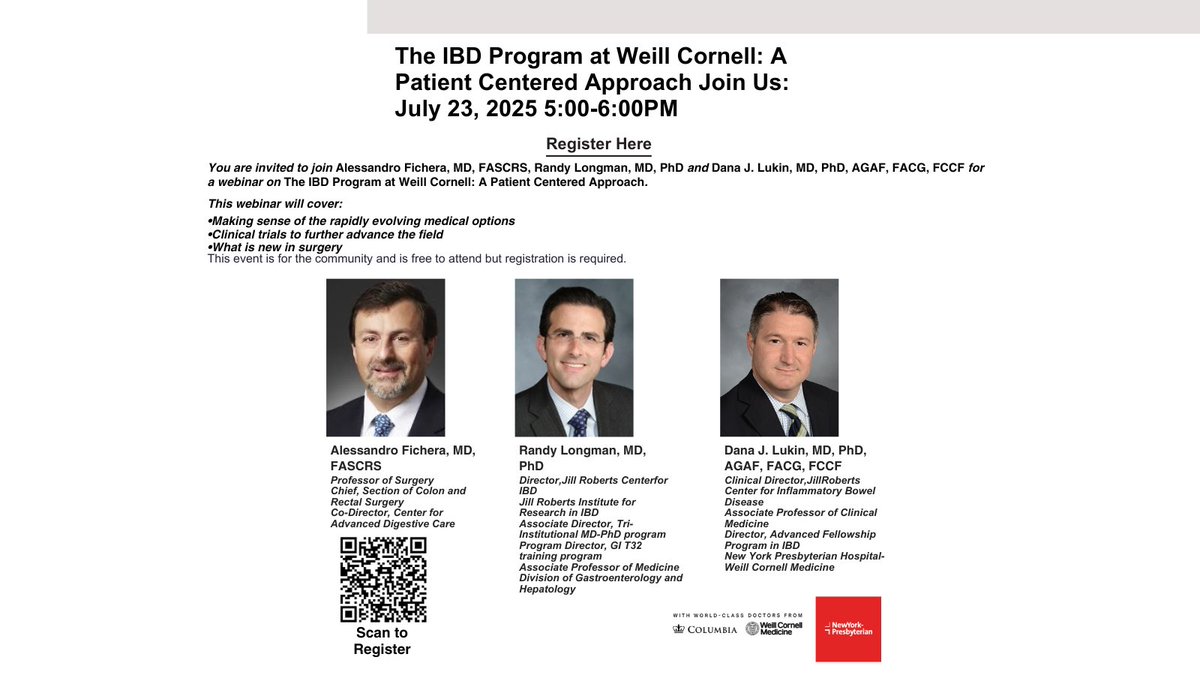 WCMSurgery's tweet image. Click the link or scan the bar code to register for the upcoming webinar on the IBD Program at Weill Cornell: A Patient-Centered Approach: nyph.zoom.us/webinar/regist…
To learn more about IBD, Ulcerative Colitis and Crohn’s Disease Treatment at @weillcornell: weillcornell.org/ulcerative-col…
