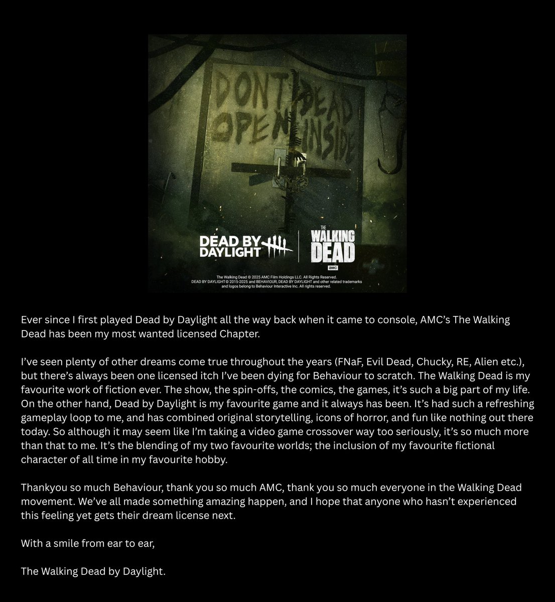 The Walking Dead by Daylight (@rickydickydbd) on Twitter photo Thankyou <a href="/DeadbyDaylight/">Dead by Daylight</a>.
Thankyou <a href="/Behaviour/">Behaviour Interactive</a>.
Thankyou <a href="/WalkingDead_AMC/">The Walking Dead</a>.
Thankyou <a href="/AMC_TV/">AMC TV</a>.
Thankyou everyone. Thankyou <a href="/DeadbyDaylight/">Dead by Daylight</a>.
Thankyou <a href="/Behaviour/">Behaviour Interactive</a>.
Thankyou <a href="/WalkingDead_AMC/">The Walking Dead</a>.
Thankyou <a href="/AMC_TV/">AMC TV</a>.
Thankyou everyone.