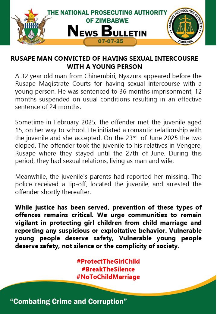 National Prosecuting Authority of Zimbabwe (@npazim) on Twitter photo Rusape Man Convicted of Having Sexual Relations with a Minor #CombatingCrimeAndCorruption
<a href="/gwasbuz/">george swarei</a> <a href="/enkudheni/">Padare-Enkundleni</a> <a href="/MUSASAZIM/">MUSASA</a> <a href="/MwanasikanaW/">Mwanasikana Wanhasi</a> <a href="/ShamwariyeMwana/">Shamwari Yemwanasikana</a> <a href="/WalpeAcademy/">Women's Academy for Leadership</a> <a href="/AdultRapeClinic/">ARC</a> <a href="/ChronicleZim/">The Chronicle</a> <a href="/HeraldZimbabwe/">The Herald Zimbabwe</a> <a href="/TheMirrorMsv/">The Mirror Masvingo</a> <a href="/LotshaFM/">Ḽotsha FM 90.1 (Tshedza tsha lushaka)</a> <a href="/breezefmstereo/">Breeze FM Victoria Falls</a> <a href="/StarFMNews/">Star FM News</a> <a href="/SkyzMetroFM/">Skyz Metro FM</a> Rusape Man Convicted of Having Sexual Relations with a Minor #CombatingCrimeAndCorruption
<a href="/gwasbuz/">george swarei</a> <a href="/enkudheni/">Padare-Enkundleni</a> <a href="/MUSASAZIM/">MUSASA</a> <a href="/MwanasikanaW/">Mwanasikana Wanhasi</a> <a href="/ShamwariyeMwana/">Shamwari Yemwanasikana</a> <a href="/WalpeAcademy/">Women's Academy for Leadership</a> <a href="/AdultRapeClinic/">ARC</a> <a href="/ChronicleZim/">The Chronicle</a> <a href="/HeraldZimbabwe/">The Herald Zimbabwe</a> <a href="/TheMirrorMsv/">The Mirror Masvingo</a> <a href="/LotshaFM/">Ḽotsha FM 90.1 (Tshedza tsha lushaka)</a> <a href="/breezefmstereo/">Breeze FM Victoria Falls</a> <a href="/StarFMNews/">Star FM News</a> <a href="/SkyzMetroFM/">Skyz Metro FM</a>