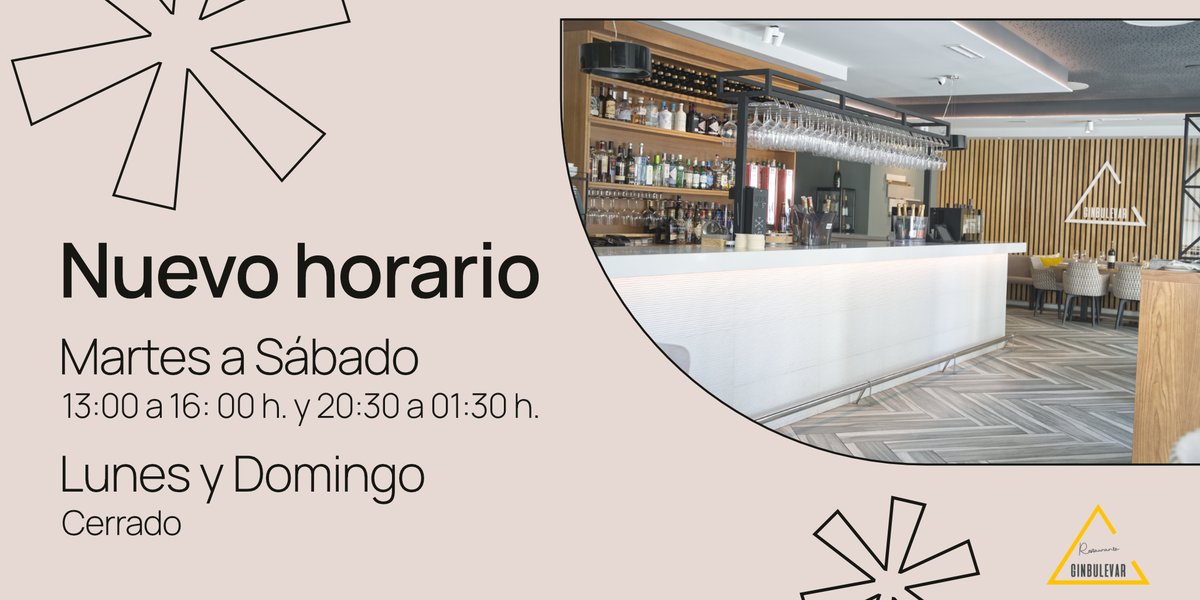 🕰️ ¡Atención! Cambiamos de horario 🕰️

📅 Martes-Sábado: 13:00-16:00 y 20:30-01:30
🚫 Lunes y Domingo: Cerrado
¡Gracias por hacer de Ginbulevar vuestro lugar en Córdoba! 📍Calle Pintora María Blanchard, 1

Reserva: 📞+34 957 892 123

#Ginbulevar #NuevoHorario #CórdobaGastronómica