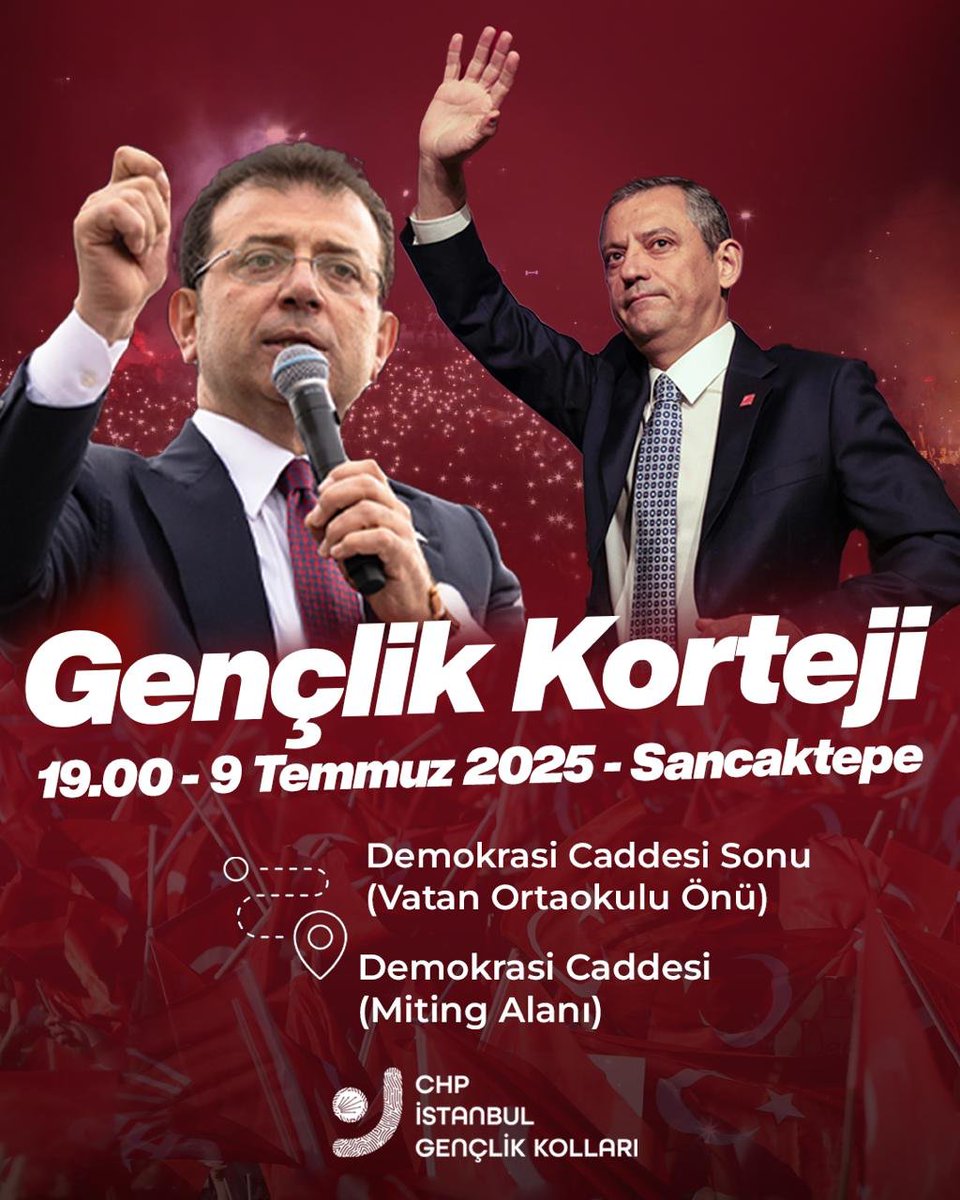 Baskılara boyun eğmiyoruz, inançla yürüyoruz!

Cumhurbaşkanı adayımız Ekrem İmamoğlu, tutuklu belediye başkanlarımız ve tüm yol arkadaşlarımız için yürüyoruz.

Demokrasi Caddesi’nin sonu, Vatan Ortaokulu önünde buluşarak gençlik kortejimizle miting alanına yürüyoruz.

🗓️ 9 Temmuz