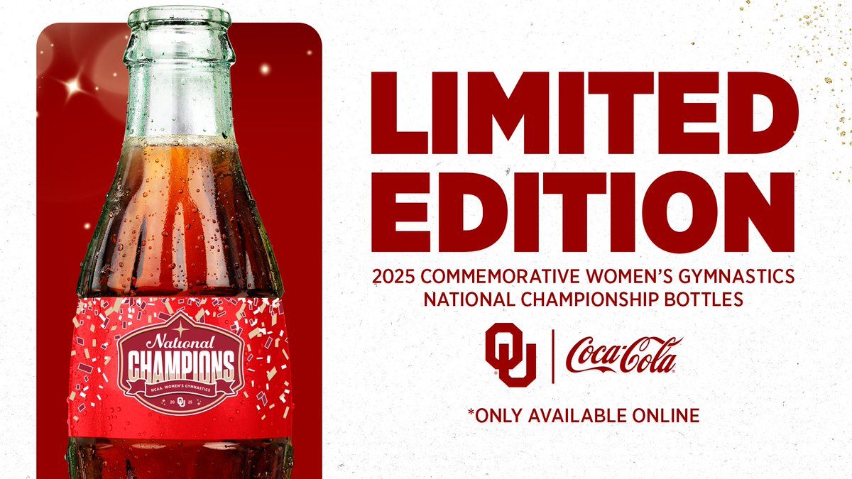 OU_WGymnastics's tweet image. Share a Coke with a Champion 🏆✨
The 2025 commemorative @CocaCola National Championship bottle is now available!
🥤 bit.ly/44iRbsH | #BoomerSooner