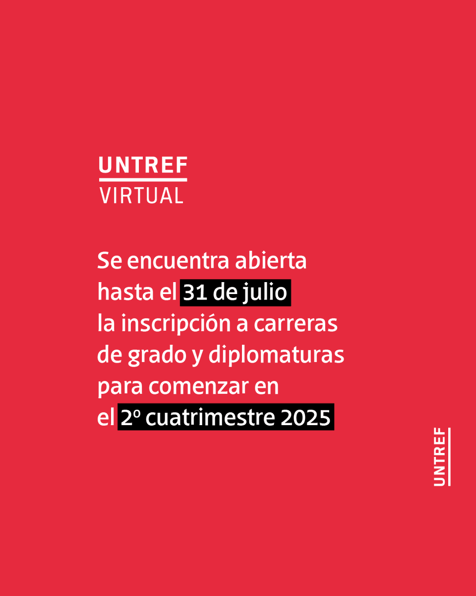 UNTREF's tweet photo. 🚀 Abierta la inscripción a #UNTREFVirtual para el 2° Cuatrimestre 2025.
Estudiá tu carrera de grado o diplomatura con la flexibilidad que necesitás. ¡Tenés tiempo hasta el 31 de JULIO! 🗓️
💻 Más info e inscripciones: https://t.co/3Gz3SF6yRq📞 Consultas: 45 9 11 4980-236 https://t.co/w5w08ofpT8