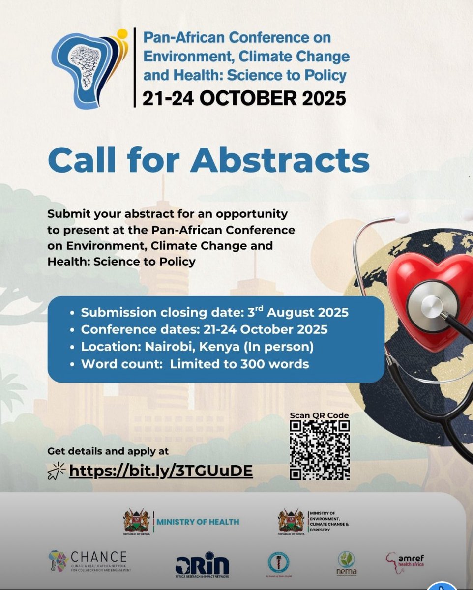 Are you conducting groundbreaking work in climate and health
Apply now to present at #ECHAfrica25 — Africa’s premier science-to-policy conference taking place on October 21–24, 2025, in Nairobi, Kenya.
📝Abstract Deadline: 3rd  August
🌍 Submit here: bit.ly/3TGUuDE