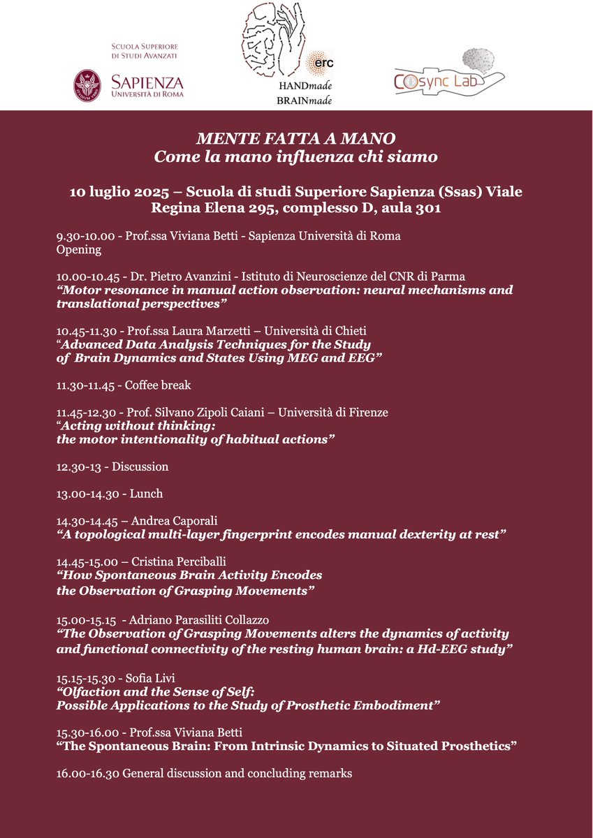 Viviana Betti (@viviana_betti) on Twitter photo ๐ง โ A new edition of our symposium Mente fatta a mano is coming!
๐ Join us <a href="/ssas/">ssas</a> on July 10, 2025.
๐๏ธ Among the speakers: <a href="/MarzettiLaura/">Laura Marzetti (she/her)</a> <a href="/AvanziniPietro/">Pietro</a> <a href="/ZipoliCaiani/">Silvano Zipoli Caiani</a>
๐ Check out the full program below!
๐ Reserve your spot here: docs.google.com/forms/d/e/1FAIโฆ ๐ง โ A new edition of our symposium Mente fatta a mano is coming!
๐ Join us <a href="/ssas/">ssas</a> on July 10, 2025.
๐๏ธ Among the speakers: <a href="/MarzettiLaura/">Laura Marzetti (she/her)</a> <a href="/AvanziniPietro/">Pietro</a> <a href="/ZipoliCaiani/">Silvano Zipoli Caiani</a>
๐ Check out the full program below!
๐ Reserve your spot here: docs.google.com/forms/d/e/1FAIโฆ