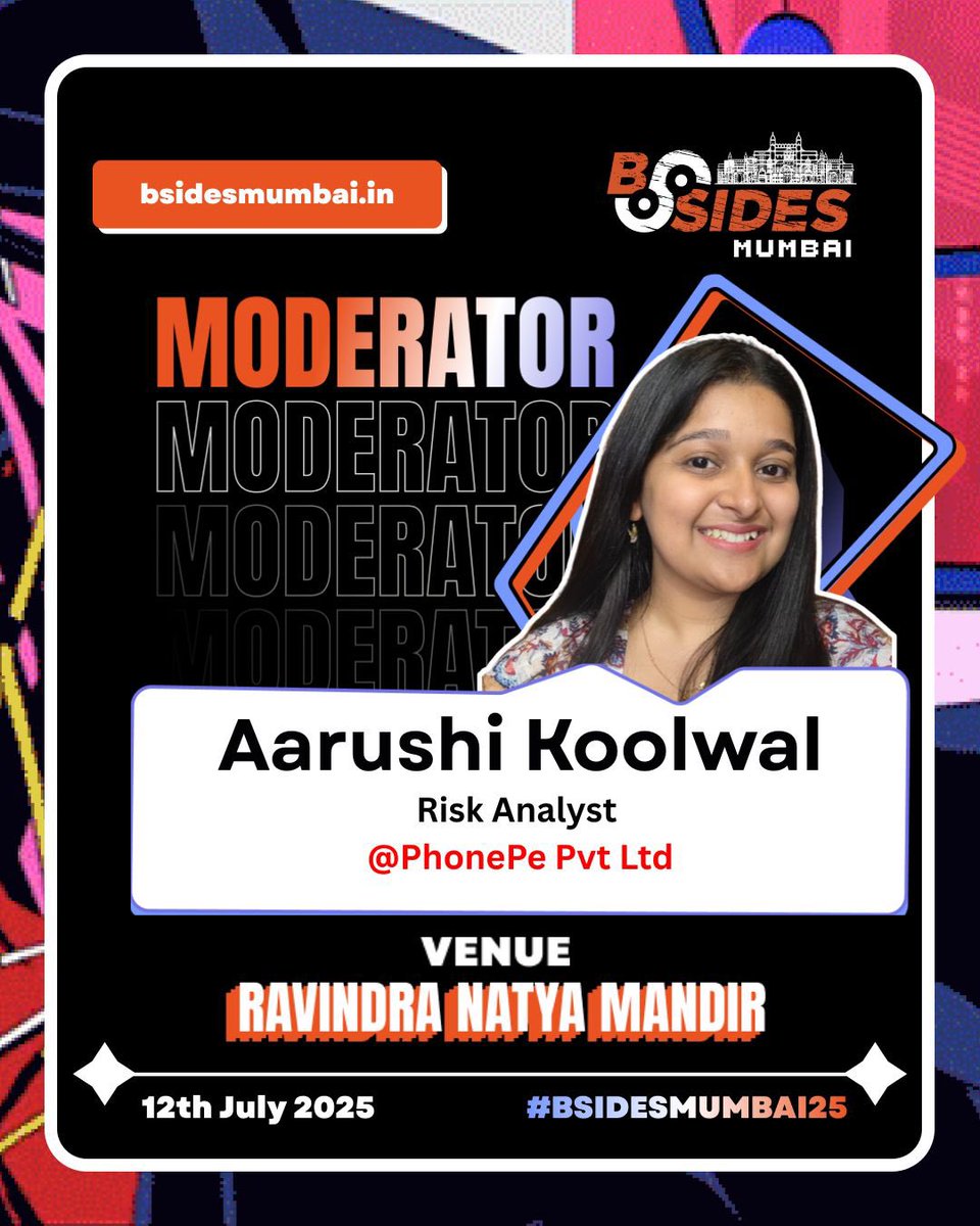 Pumped to have Aarushi Koolwal moderating at #BSidesMumbai2025! 😎
Cyber pro <a href="/PhonePe/">PhonePe</a>, ex-CloudSEK, with creds from #BSidesGoa, #C0C0N &amp; more. Sharp, strategic, and ready to dive deep.
📅 12 July | Mumbai
🔗 bsidesmumbai.in
#InfoSec #bsidesmumbai25 #CyberSecurity